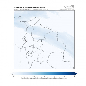 Monitoreo con imágenes satelitales.- Se observa probabilidad de precipitaciones en el departamento de Beni, al norte de los departamentos de Santa Cruz y La Paz con montos acumulados bajos.